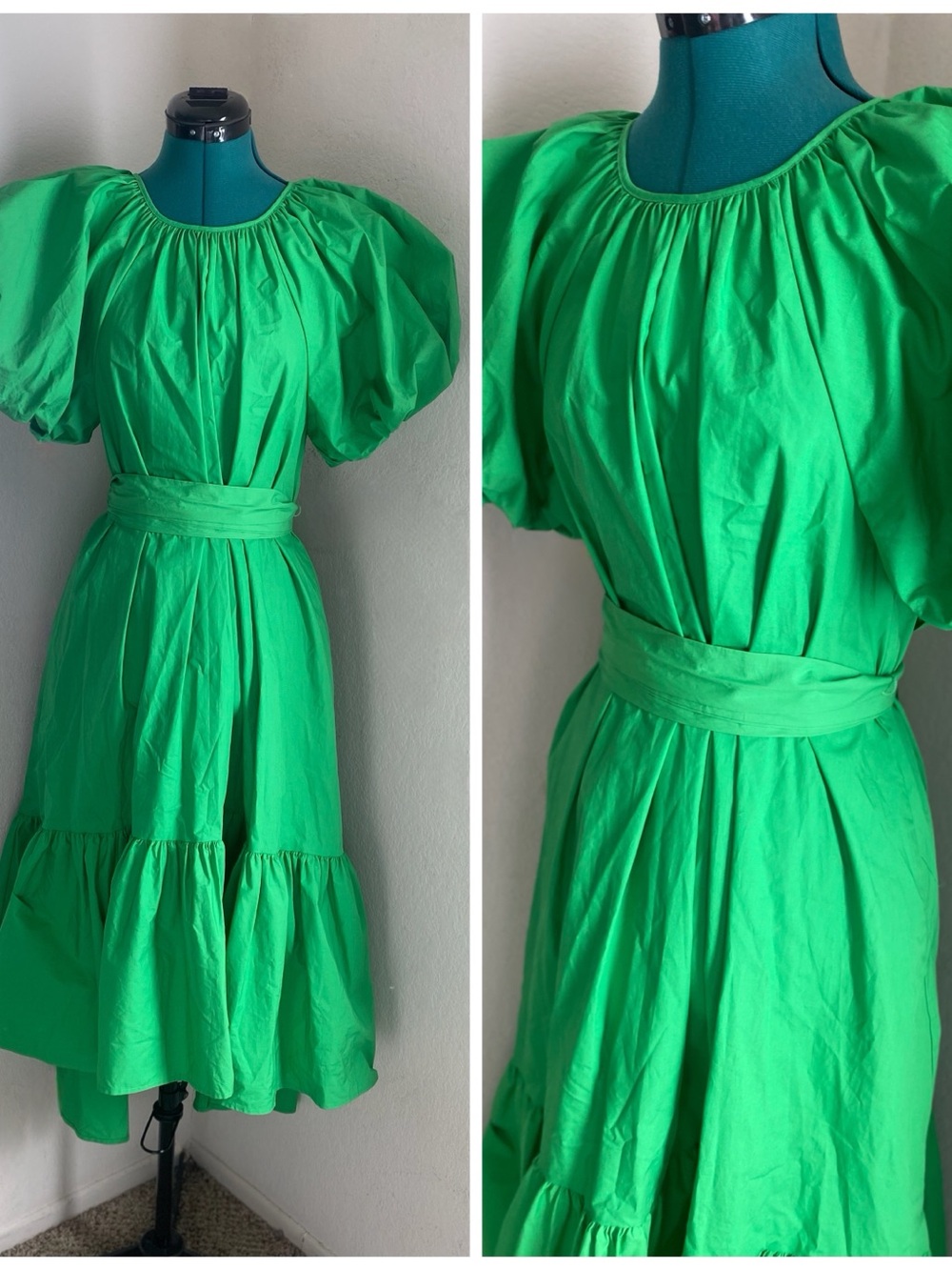 Christopher John Rogers Neon Green Puff-Sleeve High-Low Dress Size M